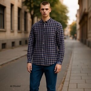 Ben Sherman Men's Blue, White and Red‎ Plaid Tailored Slim Fit Shirt 15.5